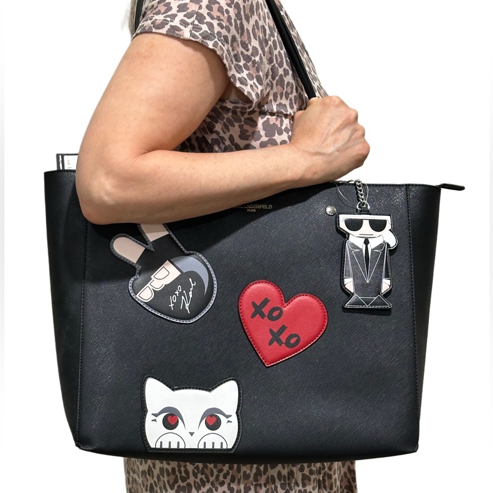Karl Lagerfeld Black Tote with Patches & Charm Accents size 14 1/4 x 11 1/2” New - Picture 3 of 17
